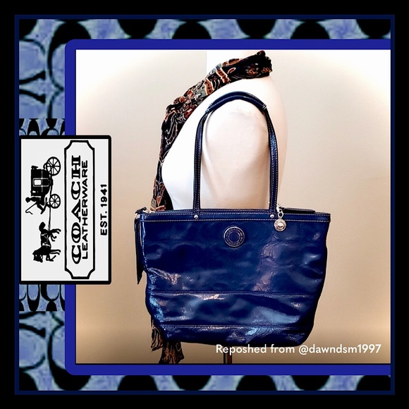 Coach Patent Marine Navy Blue Leather Logo Mini Tote Purse - Picture 2 of 16